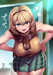 Rule 34 | 1girl, annoyed, ashley graham, blonde hair, blue eyes, breasts, capcom, hands on own hips, highres, large breasts, leaning forward, legs, looking at viewer, open mouth, resident evil, resident evil 4, short hair, skirt, solo, thick thighs, thighs, tukiwani
