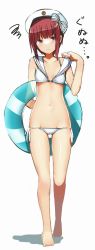 Rule 34 | 10s, 1girl, arm behind back, bad id, bad twitter id, barefoot, beret, bikini, blush, bow, breasts, brown eyes, brown hair, closed mouth, collar tug, collarbone, full body, hat, hat bow, highres, holding, innertube, kantai collection, looking at viewer, navel, sailor bikini, sailor collar, short hair, side-tie bikini bottom, simple background, sketch, small breasts, smiley face, solo, squiggle, standing, striped, striped bow, sweatdrop, swim ring, swimsuit, tarachine, white background, white bikini, white hat, z3 max schultz (kancolle)