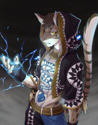 Rule 34 | 1boy, abs, animal ears, bare pectorals, commentary request, electricity, electrokinesis, fingerless gloves, furry, furry male, gloves, hato (heiseiradiodenk), highres, hood, hood up, hooded jacket, jacket, leopard boy, leopard ears, leopard tail, likulau (nekojishi), looking at viewer, male focus, nekojishi, pawpads, pectorals, snake tattoo, tail, tattoo, yellow eyes