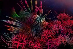 Rule 34 | absurdres, animal focus, black background, bubble, fish, fish request, flower, highres, lionfish, no humans, original, red flower, spider lily, tainosuke, translation request