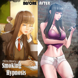 Rule 34 | before and after, bimbofication, crop top, dr stein (pixiv), earrings, highres, jewelry, netorare, phone, revealing clothes, rin (smoking hypnosis), short shorts, shorts, smoking hypnosis