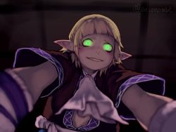 Rule 34 | 1girl, artist name, blonde hair, commentary request, envenomist (gengoroumaru), glowing, glowing eyes, green eyes, imminent rape, indoors, looking at viewer, mizuhashi parsee, pointy ears, pov, shirt, short hair, short sleeves, smile, solo, touhou