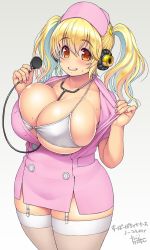 Rule 34 | 1girl, belly, bikini, blonde hair, blush, breasts, cleavage, cowboy shot, dress, garter straps, hat, headphones, highres, huge breasts, jewelry, looking at viewer, necklace, nitroplus, nurse, nurse cap, orange eyes, plump, short dress, skindentation, solo, star (symbol), star necklace, stethoscope, super pochaco, swimsuit, thick thighs, thighhighs, thighs, tsuji santa, twintails, white bikini, white thighhighs