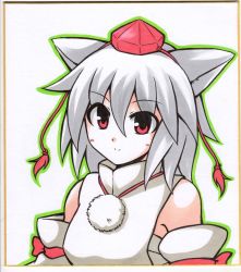 Rule 34 | 1girl, animal ears, blush stickers, detached sleeves, hat, inubashiri momiji, looking at viewer, marker (medium), mochizuki ado, outline, red eyes, shikishi, short hair, simple background, solo, tokin hat, touhou, traditional media, white background, white hair, wolf ears
