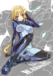 Rule 34 | 1girl, absurdres, blonde hair, blush, breasts, cameltoe, commission, covered erect nipples, ellen aice, fortified suit, heyzan, highres, long hair, low ponytail, mecha, medium breasts, muv-luv, muv-luv alternative, muv-luv unlimited: the day after, open mouth, parted bangs, pilot suit, purple eyes, robot, sitting, skeb commission, skin tight, smile, solo, tactical surface fighter, type 94 shiranui, v, very long hair