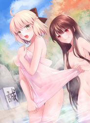 Rule 34 | 2girls, absurdres, ahoge, black bow, black hair, blonde hair, blush, bow, breasts, censored nipples, convenient censoring, day, fate/grand order, fate (series), gogatsu fukuin, hair bow, hair censor, highres, koha-ace, long hair, medium breasts, multiple girls, naked towel, navel, nude, oda nobunaga (fate), oda nobunaga (koha-ace), okita souji (fate), okita souji (koha-ace), onsen, open mouth, out-of-frame censoring, outdoors, partially submerged, red eyes, rock, small breasts, smile, standing, steam, steam censor, towel, wading, yellow eyes