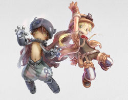 Rule 34 | 1boy, 1girl, blonde hair, blush, brown gloves, brown hair, glasses, gloves, green eyes, helmet, looking at viewer, made in abyss, navel, official art, open mouth, pith helmet, regu (made in abyss), riko (made in abyss), short hair, smile, teeth, tsukushi akihito, twintails, whistle, whistle around neck, yellow eyes