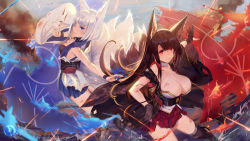 Rule 34 | 2girls, aircraft, airplane, akagi (azur lane), animal ears, azur lane, battle, blue eyes, breasts, brown hair, cleavage, commentary request, explosion, fox ears, fox mask, fox tail, highres, injury, kaga (azur lane), kakumayu, large breasts, long hair, looking at viewer, mask, medium breasts, multiple girls, parted lips, pleated skirt, red eyes, revision, short hair, skirt, smile, sparks, tail, torn clothes, white hair