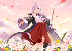 Rule 34 | 1girl, :d, ahoge, azuuru, bad id, bad twitter id, bare shoulders, black robe, blush, broom, buttons, cloud, collared shirt, commentary request, day, elaina (majo no tabitabi), falling leaves, field, flower, flower field, holding, holding broom, leaf, long hair, long skirt, long sleeves, looking at viewer, majo no tabitabi, neck ribbon, off shoulder, open clothes, open mouth, outdoors, outstretched arms, purple eyes, purple ribbon, red skirt, ribbon, robe, shirt, shirt tucked in, silver hair, skirt, sky, sleeveless, sleeveless shirt, smile, solo, standing, white flower, white shirt, wide shot, wide sleeves, yellow flower