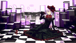 Rule 34 | 1girl, abstract, arm support, black dress, bow, checkered floor, dress, frilled dress, frills, hair between eyes, hair bow, hair flip, highres, hiko (hiko224556), light purple hair, long hair, looking at viewer, original, parted lips, purple eyes, purple lips, red bow, red eyes, reflection, sitting, solo, taut clothes, yokozuwari