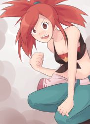 Rule 34 | 1girl, breasts, cleavage, creatures (company), flannery (pokemon), game freak, gym leader, nintendo, pokemon, red eyes, red hair, simple background, smile, solo