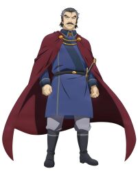 Rule 34 | 1boy, black eyes, black hair, blue jacket, boots, cape, closed mouth, grey pants, harghent (ishura), ishura, jacket, long hair, looking at viewer, pants, red cape, serious, solo, transparent background