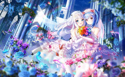 Rule 34 | 2girls, :d, absurdres, bare shoulders, blue eyes, blue hair, blush, bouquet, bridal veil, bride, closed mouth, collarbone, dress, elbow gloves, eyebrows, fantasy, female focus, flower, gloves, highres, huge filesize, looking at viewer, multiple girls, open mouth, original, pantyhose, prinz eugen1938, prinz eugen (warship girls r), red eyes, smile, veil, warship girls r, wedding dress, white dress, white gloves, white hair, white legwear, wife and wife, yuri