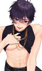 Rule 34 | abs, absurdres, bare arms, bare shoulders, belt, blouse, blue eyes, clothes lift, commission, fangs, gold necklace, highres, indie virtual youtuber, jewelry, male focus, muscular, muscular male, navel, necklace, nipples, open clothes, open mouth, open shirt, pants, pinchi, purple hair, shirt lift, short hair, shoto (vtuber), skeb commission, smile, solo, stomach, tank top, thick eyebrows, tongue, tongue out, virtual youtuber