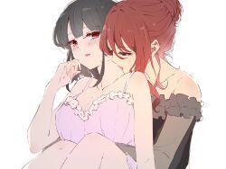 Rule 34 | 2girls, black hair, blue eyes, blush, breasts, closed eyes, highres, ilia coral, lainie cyan, licking another&#039;s neck, medium breasts, multiple girls, parted lips, red eyes, red hair, teeth, tensei oujo to tensai reijou no mahou kakumei, tongue, upper teeth only, user ctzu3228, yuri
