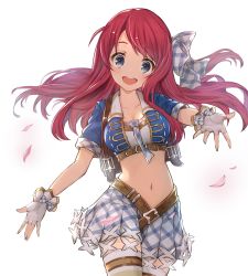 Rule 34 | 10s, 1girl, ahoge, alisia0812, backpack, bag, belt, belt buckle, blue eyes, bow, breasts, buckle, cleavage, collarbone, commentary request, cowboy shot, crop top, fingerless gloves, gloves, granblue fantasy, hair bow, highres, idol, long hair, medium breasts, midriff, minamoto sakura, navel, necktie, open mouth, plaid, plaid skirt, red hair, scar, scar on face, scar on forehead, school uniform, short sleeves, skirt, solo, thighhighs, underbust, white background, white gloves, white thighhighs, zettai ryouiki, zombie land saga
