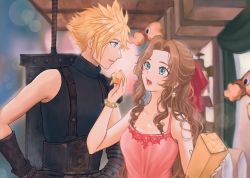 Rule 34 | 1boy, 1girl, aerith gainsborough, aerith gainsborough (pink dress), armor, belt, blonde hair, blue eyes, blue shirt, bracelet, brown hair, buster sword, chocobo, cloud strife, dress, earrings, feeding, final fantasy, final fantasy vii, final fantasy vii remake, gloves, green eyes, hands on own hips, highres, jewelry, lenak, necklace, open mouth, pink dress, ponytail, ribbon, shirt, shoulder armor, square enix, suspenders, turtleneck, wall market, wavy hair, weapon, weapon on back