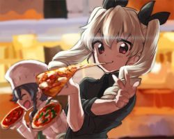 Rule 34 | 10s, 2girls, anchovy (girls und panzer), bad id, bad pixiv id, black hair, black shirt, braid, drill hair, eating, food, girls und panzer, green hair, long hair, multiple girls, necktie, oono imo, pepperoni (girls und panzer), pizza, shirt, short hair, side braid, sleeves rolled up, twin drills, twintails