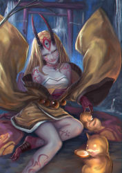 Rule 34 | 1girl, amanosora1993128, bare shoulders, blonde hair, claws, fate/grand order, fate (series), female focus, highres, horns, ibaraki douji (fate), japanese clothes, kimono, long hair, looking at viewer, off shoulder, oni, oni horns, short kimono, sitting, smile, solo, yellow eyes, yellow kimono