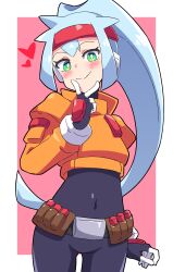 Rule 34 | 1girl, absurdres, ashe (mega man), belt, blue hair, bodysuit, bright pupils, buzzlyears, commentary, covered navel, cowboy shot, gloves, green eyes, headband, heart, high ponytail, highres, long hair, looking at viewer, mega man (series), mega man zx, mega man zx advent, ponytail, smile, solo, very long hair, white pupils
