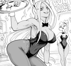 1boy 2girls absurdres animal_ears armpits arthur_(series) ass banknote bare_shoulders bb_(baalbuddy) bent_over boku_no_hero_academia breasts buster_baxter crossover dark-skinned_female dark_skin highres leotard lola_bunny long_hair looking_at_viewer looney_tunes mirko money multiple_crossover multiple_girls playboy_bunny rabbit_ears smile teeth trait_connection