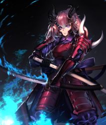 Rule 34 | 1girl, armor, bad id, bad pixiv id, black sclera, burning, colored sclera, demon girl, demon horns, fixro2n, hand on hilt, highres, holding, holding weapon, horns, japanese armor, katana, looking at viewer, mismatched sclera, original, parted lips, pink hair, pointy ears, purple eyes, solo, sword, weapon