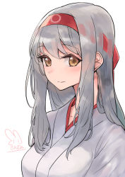 Rule 34 | 1girl, breasts, hairband, headband, japanese clothes, kantai collection, large breasts, long hair, looking at viewer, portrait, red headband, sensen, shoukaku (kancolle), silver hair, simple background, smile, solo, upper body