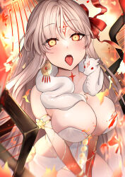 Rule 34 | 1girl, absurdres, armlet, bare shoulders, belly chain, blush, body markings, bracelet, breasts, character name, cleavage, colored skin, dress, durga (fate), earrings, facial mark, fate/grand order, fate (series), fire, flower, forehead mark, fufufu hehehe, gradient skin, grey hair, hair ribbon, highres, jewelry, large breasts, long hair, looking at viewer, open mouth, orange eyes, pelvic curtain, red skin, revealing clothes, ribbon, sash, snake, solo, tongue, tongue out, variant set, very long hair, weapon, white dress