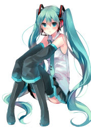 Rule 34 | 1girl, aqua eyes, aqua hair, bad id, bad pixiv id, black footwear, blush, boots, detached sleeves, hatsune miku, headphones, highres, ikeuchi tanuma, long hair, long sleeves, looking at viewer, microphone, necktie, pleated skirt, pout, sitting, skirt, solo, thigh boots, thighhighs, twintails, very long hair, vocaloid