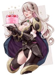 Rule 34 | 1girl, armor, birthday, birthday cake, black leotard, blush, breasts, cake, cape, cleavage, corrin (fire emblem), fire emblem, fire emblem fates, fire emblem heroes, food, fruit, gloves, hair between eyes, hair ornament, hairband, highres, holding, holding cake, holding food, holding plate, large breasts, leotard, long hair, nintendo, official alternate costume, open mouth, plate, pointy ears, red eyes, shoulder armor, simple background, smile, sobasakuhin, solo, strawberry, white hair