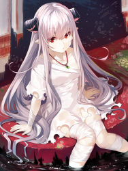 Rule 34 | 1girl, bandages, breasts, collarbone, horns, jewelry, long hair, medium breasts, necklace, open mouth, original, pointy ears, red eyes, sitting, solo, torn clothes, very long hair, yuuji (yukimimi)
