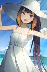 Rule 34 | 1girl, absurdres, adjusting clothes, adjusting headwear, bare shoulders, blush, dress, fang, hat, highres, hololive, hololive english, long hair, looking at viewer, ninomae ina&#039;nis, ocean, open mouth, pointy ears, purple eyes, purple hair, rakku (rkrmz0n), side ponytail, smile, solo, sun hat, tentacle hair, virtual youtuber, white dress, white hat