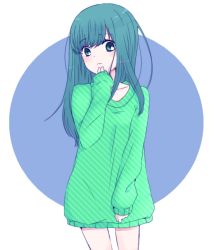 Rule 34 | 1girl, blue background, blue eyes, blue hair, blush, closed mouth, collarbone, commentary request, cowboy shot, diagonal stripes, green shirt, hair between eyes, hand up, head tilt, highres, hiroshi (jasinloki), long hair, long sleeves, original, shirt, sleeves past wrists, solo, striped, two-tone background, unmoving pattern, white background