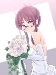 Rule 34 | 1girl, akizuki ritsuko, bare shoulders, blush, bouquet, breasts, bride, brown eyes, brown hair, dress, elbow gloves, flower, folded ponytail, glasses, gloves, highres, idolmaster, idolmaster (classic), looking at viewer, md5 mismatch, shuuichi, smile, solo, wedding dress, white gloves