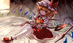 Rule 34 | 1girl, absurdres, back bow, blonde hair, bow, breasts, crystal, expressionless, flandre scarlet, frilled shirt collar, frills, full body, hair between eyes, hat, highres, holding, holding weapon, laevatein (touhou), light blush, light brown hair, mob cap, one side up, over-kneehighs, parted lips, petite, puffy short sleeves, puffy sleeves, red eyes, red footwear, red skirt, red vest, ripples, short sleeves, sitting, skirt, skirt set, small breasts, solo, thighhighs, top-exerou, touhou, vest, water, weapon, white thighhighs, wings