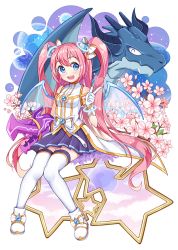 Rule 34 | 00s, angelic buster, bad id, bad pixiv id, blue eyes, cherry blossoms, chobi (penguin paradise), gloves, long hair, looking at viewer, maplestory, open mouth, pink hair, skirt, smile, solo, star (symbol), thighhighs, twintails, two side up, very long hair, white thighhighs