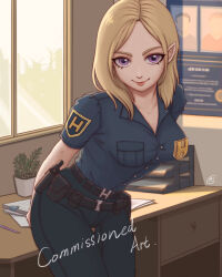 Rule 34 | 1girl, arms behind back, belt pouch, bent over, blonde hair, breasts, butter spoon, commentary, commission, desk, english commentary, hair behind ear, highres, medium breasts, medium hair, original, paper, pencil, plant, pointy ears, police, police uniform, policewoman, poster (object), pouch, purple eyes, signature, smile, solo, thigh gap, uniform, watermark, window