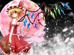 Rule 34 | 1girl, ascot, dissolving clothes, dress, flandre scarlet, full moon, hat, hat ribbon, looking at viewer, mob cap, moon, night, petals, puffy short sleeves, puffy sleeves, red dress, red eyes, red moon, ribbon, sash, shirt, short sleeves, side ponytail, sky, solo, star (sky), starry sky, stuffed animal, stuffed toy, teddy bear, touhou, wind, wings, ymd (holudoun)