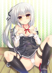 Rule 34 | 10s, 1girl, against wall, asymmetrical hair, backpack, bad id, bad pixiv id, bag, bare shoulders, belt, belt buckle, black dress, black ribbon, black socks, blunt bangs, bow, bowtie, breasts, buckle, buttons, cameltoe, covering privates, covering breasts, double-breasted, dress, eyebrows, hair ribbon, head tilt, kantai collection, kasumi (kancolle), kasumi kai ni (kancolle), kneehighs, knees up, long hair, looking at viewer, maruchan., no bra, off shoulder, open clothes, open shirt, panties, polka dot, red bow, red bowtie, ribbon, shirt, side ponytail, silver hair, sitting, small breasts, socks, solo, spread legs, strap slip, striped, thigh strap, unbuttoned, underwear, upskirt, vertical stripes, white panties, white shirt, yellow eyes
