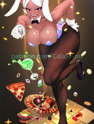 Rule 34 | 1girl, animal ears, bare shoulders, black bow, black bowtie, boku no hero academia, bow, bowtie, breasts, brown pantyhose, burger, cleavage, clothing cutout, cocktail glass, collarbone, commentary, cup, dark-skinned female, dark skin, detached collar, dice, drinking glass, english commentary, floating, floating object, food, gabriel carrasquillo, gloves, hand on own ass, hanging breasts, high heels, highleg, highleg leotard, holographic clothing, knee up, large breasts, leaning forward, leotard, long eyelashes, looking at viewer, mirko, open mouth, pantyhose, parted bangs, patreon username, pizza, playboy bunny, pointing, pointing at viewer, poker chip, pumps, purple footwear, rabbit ears, rabbit girl, rabbit tail, red eyes, roulette, smile, solo, standing, standing on one leg, strapless, strapless leotard, tail, tail through clothes, teeth, thick thighs, thighs, toned, traditional bowtie, white gloves, white hair, wide hips, wrist cuffs
