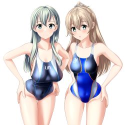 Rule 34 | 2girls, absurdres, blue one-piece swimsuit, clothes writing, competition swimsuit, cowboy shot, green eyes, grey one-piece swimsuit, hair ornament, hairclip, hands on own hips, highres, kantai collection, kumano (kancolle), leaning forward, long hair, looking at viewer, multicolored clothes, multicolored swimsuit, multiple girls, one-piece swimsuit, silver hair, simple background, suzuya (kancolle), swimsuit, takafumi, umbrella, white background
