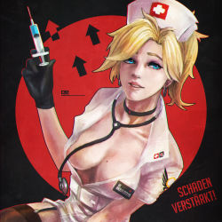Rule 34 | 1girl, absurdres, artist name, black gloves, black thighhighs, blonde hair, blue eyes, breasts, character name, choker, collarbone, earrings, garter straps, german text, gloves, hat, highres, jewelry, large breasts, mercy (overwatch), mole, mole on breast, monori rogue, no bra, nurse, nurse cap, open clothes, open shirt, overwatch, overwatch 1, parted lips, ponytail, ranguage, shirt, short hair, short sleeves, solo, stethoscope, swiss flag, syringe, text focus, thighhighs, watermark, web address, wing print