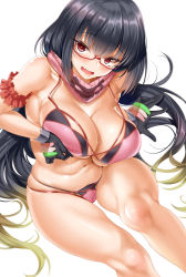 Rule 34 | 1girl, absurdres, arm garter, bare shoulders, bikini, black gloves, black hair, blush, breast hold, breasts, brown hair, cle masahiro, fate/grand order, fate (series), glasses, gloves, gradient hair, hand on own chest, highres, large breasts, long hair, looking at viewer, low twintails, multicolored hair, navel, open mouth, osakabehime (fate), osakabehime (swimsuit archer) (fate), osakabehime (swimsuit archer) (second ascension) (fate), pink bikini, pink scarf, purple eyes, red-framed eyewear, scarf, sitting, solo, swimsuit, thighs, twintails, very long hair, wavy mouth