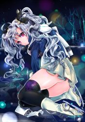 Rule 34 | 1girl, arm support, ass, black gloves, black thighhighs, blue hair, boots, character request, frown, full body, fur trim, gloves, hair ornament, hair tie, ice, ice skates, lake, long hair, long sleeves, looking at viewer, miniskirt, night, night sky, pleated skirt, purple eyes, rakeng, reflection, scarf, silver hair, sitting, skates, skirt, sky, solo, sparkle, star (sky), sword girls, thighhighs, tree, two side up, yokozuwari