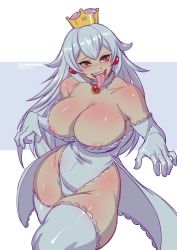 Rule 34 | 1girl, areola slip, artist name, bad id, bad twitter id, bare shoulders, blush, bokuman, breasts, brooch, choker, cleavage, cowboy shot, curvy, earrings, elbow gloves, eyelashes, ghost pose, gloves, grey background, grey choker, grey gloves, grey hair, grey leotard, grey thighhighs, hair between eyes, highres, hip focus, huge breasts, jewelry, knee up, leotard, long hair, long tongue, looking at viewer, luigi&#039;s mansion, mario (series), new super mario bros. u deluxe, nintendo, nose blush, open mouth, princess king boo, red eyes, red pupils, sharp teeth, shiny clothes, shiny skin, sidelocks, sketch, solo, strapless, strapless leotard, super crown, teeth, thick thighs, thighhighs, thighs, tongue, tongue out, tsurime, two-tone background, very long hair, white background, wide hips