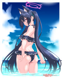 Rule 34 | 1girl, absurdres, animal ear fluff, animal ears, ass, back, bare shoulders, bikini, bikini skirt, black bikini, black hair, blue archive, blue sky, blush, breasts, cat ears, cloud, cloudy sky, commentary request, day, extra ears, frilled bikini, frills, from behind, halo, highres, horizon, long hair, looking at viewer, looking back, ocean, off-shoulder bikini, off shoulder, official alternate costume, open mouth, outdoors, partially submerged, pink halo, red eyes, serika (blue archive), serika (swimsuit) (blue archive), sideboob, sky, solo, standing, swimsuit, twintails, umyonge (lkakeu), wading, water, wet, wet hair