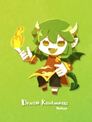 Rule 34 | 1girl, artist name, character name, chibi, china dress, chinese clothes, draco centauros, dragon girl, dragon horns, dragon tail, dragon wings, dress, fang, fire, flaming hand, flat color, green background, green eyes, green hair, green shorts, green tail, green theme, green wings, hand on own hip, highres, horns, nobuo eaka2724, open mouth, pointy ears, puyopuyo, rayman limbs, red dress, red footwear, short hair, shorts, simple background, skin fang, solo, tail, wings