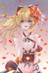 Rule 34 | 1girl, absurdres, bare shoulders, bikini, black bow, blank eyes, blonde hair, bow, breasts, cleavage, collarbone, flower, granblue fantasy, hair bow, hair flower, hair ornament, highres, large breasts, long hair, looking at viewer, navel, petals, ponytail, red eyes, shaded face, smile, solo, swimsuit, takanishi takashi, upper body, vira (granblue fantasy), white bikini