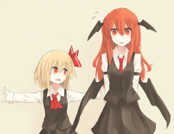 Rule 34 | 2girls, :d, :o, armband, arms behind back, ascot, bat wings, blonde hair, dress shirt, fang, flying sweatdrops, grey background, hair between eyes, hair ribbon, head wings, hinami047, koakuma, long hair, long sleeves, looking at another, looking at viewer, low wings, multiple girls, necktie, open mouth, outstretched arms, red eyes, red hair, red necktie, ribbon, rumia, shirt, short hair, simple background, skirt, skirt set, smile, spread arms, touhou, vest, white shirt, wings
