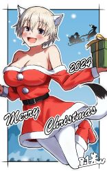 1girl absurdres animal_ears blonde_hair blush brave_witches breasts christmas christmas_present cleavage collarbone gift grey_eyes highres large_breasts looking_at_viewer merry_christmas nikka_edvardine_katajainen open_mouth pantyhose santa_costume short_hair smile solo tail tama_kitsune weasel_ears weasel_girl weasel_tail white_pantyhose world_witches_series